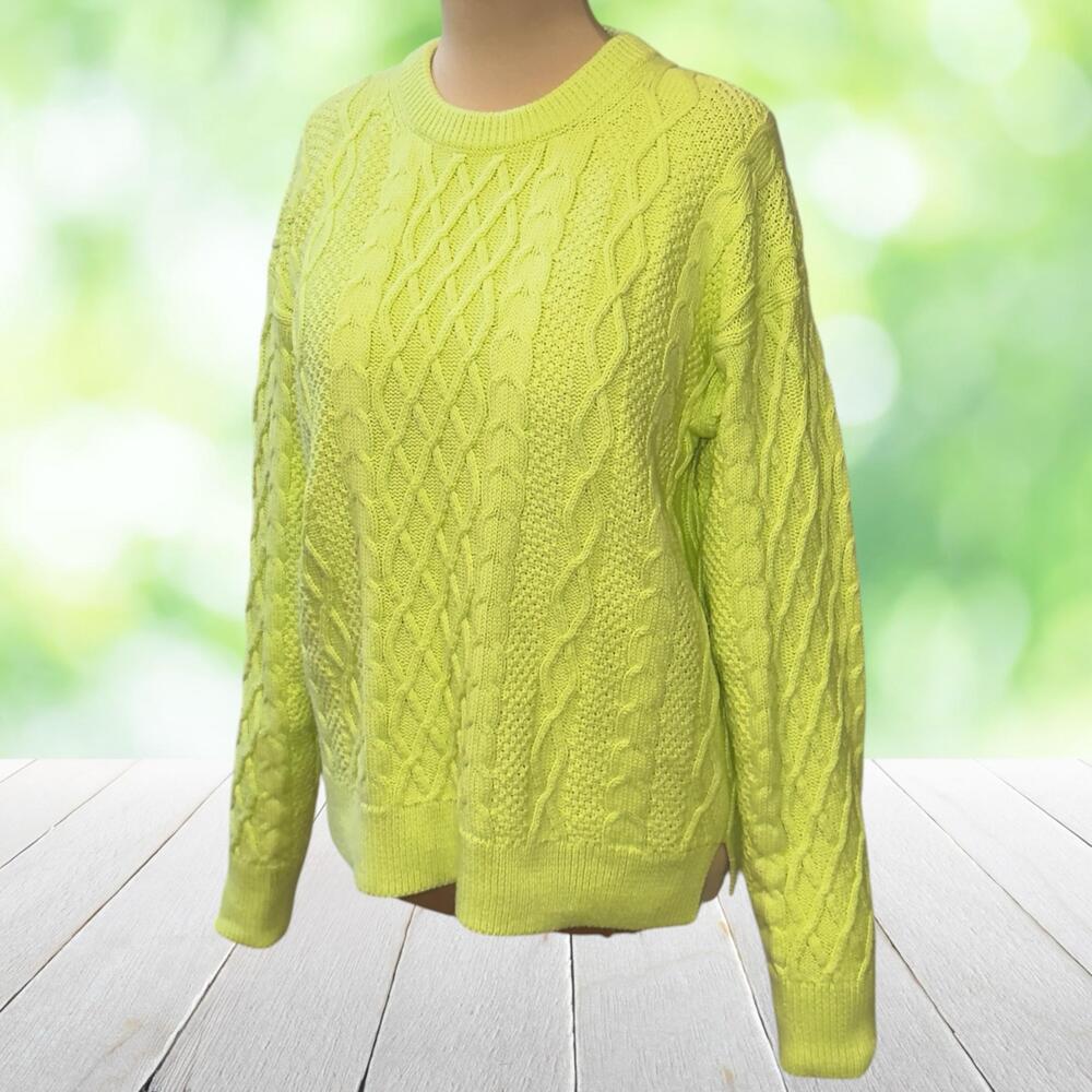 J CREW Cable Knit Sweater Neon Yellow Cotton Crew Neck Preppy Tenniscore Size L